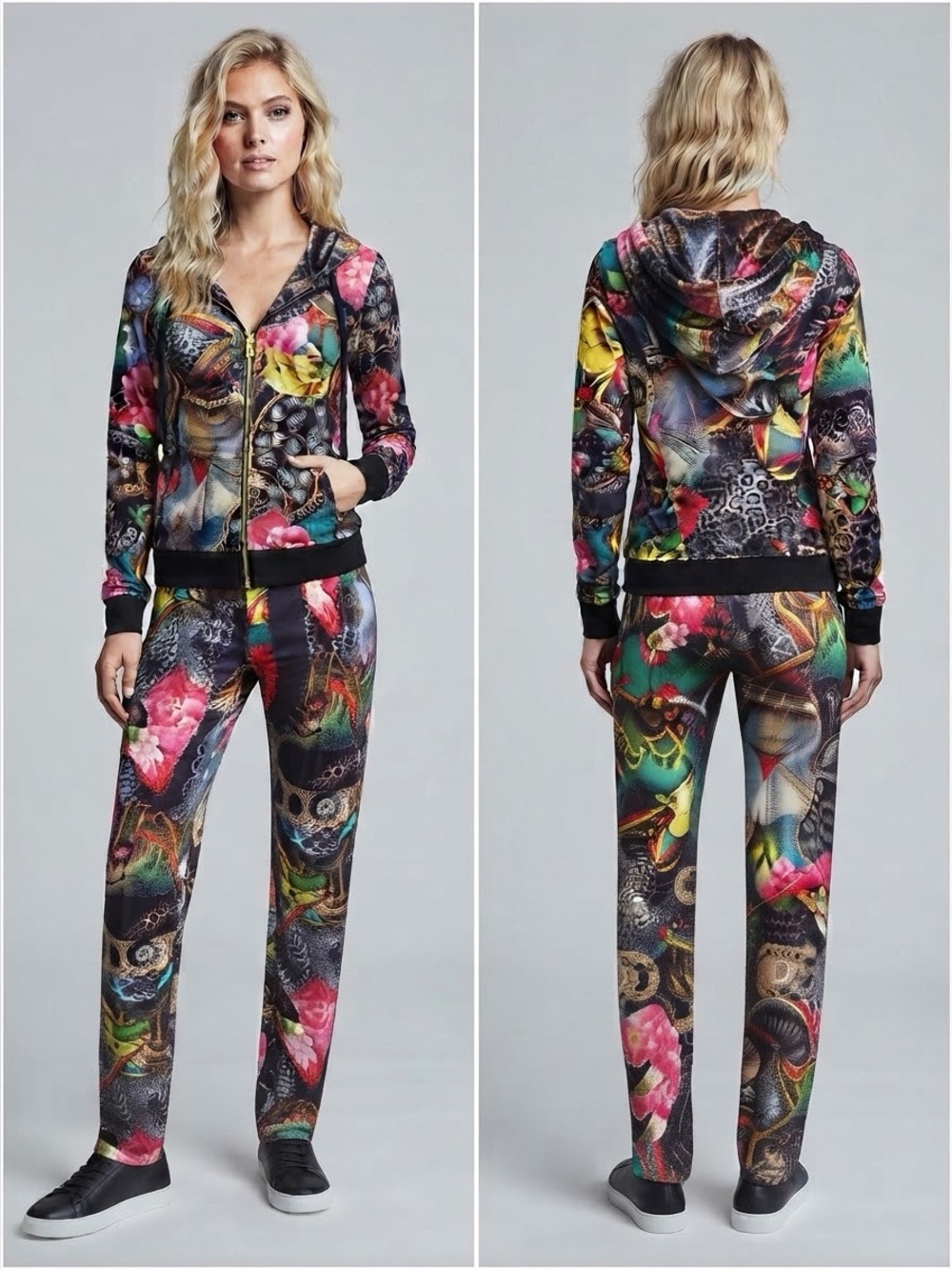 NWT EZE‎ WOMEN'S LYCRA TRACKSUIT 2PC SET JACKET/PANTS HOODED ZIPED FLORAL PRINT